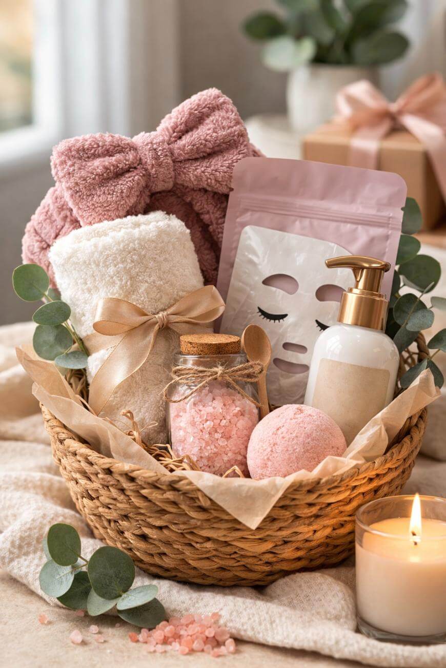 A woven basket filled with a pink headband, rolled towel, face mask, jar of pink bath salts, lotion bottle, and a pink bath bomb, decorated with eucalyptus leaves. A lit candle sits nearby.