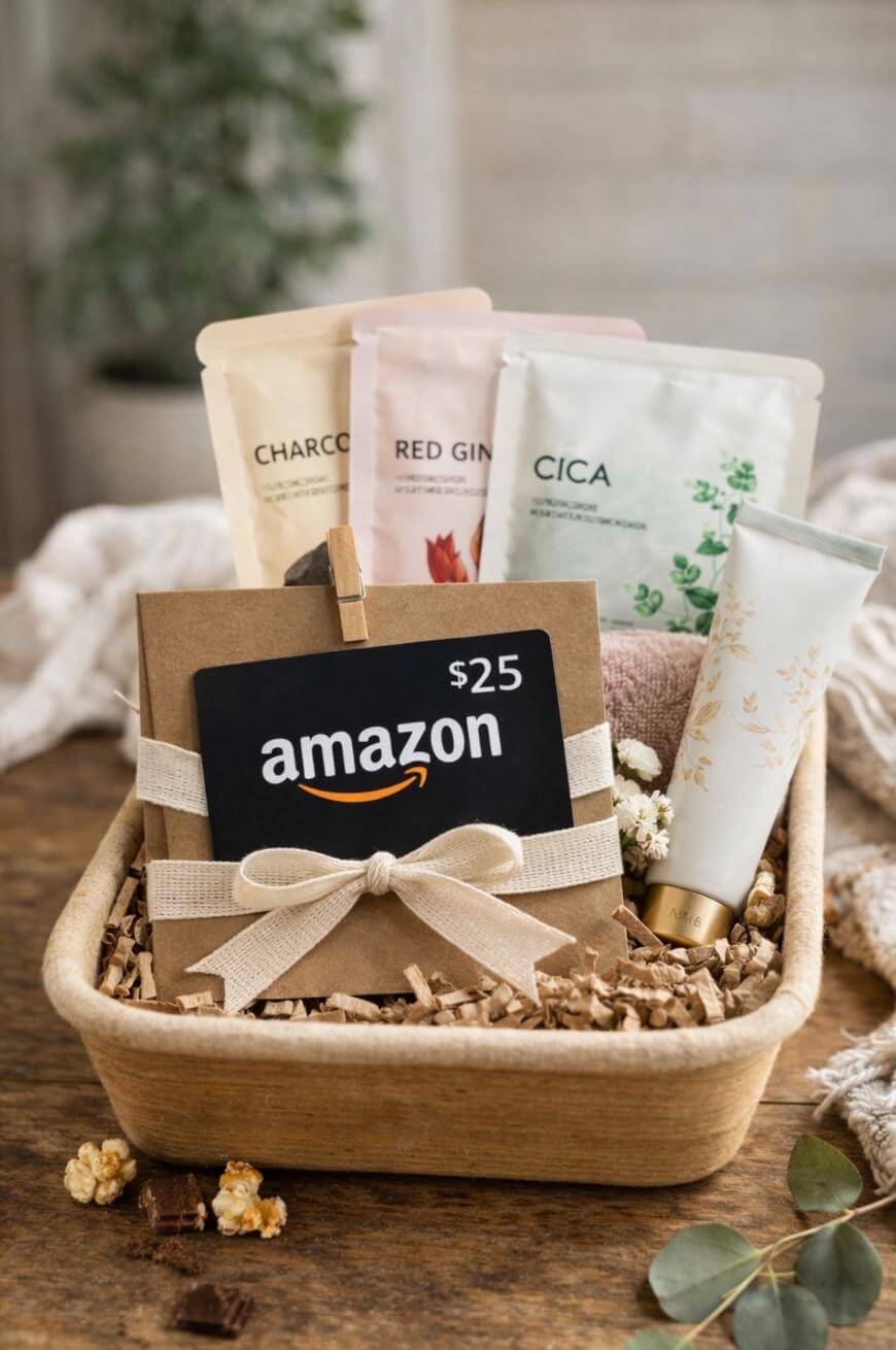 A gift basket containing a $25 Amazon gift card, three face mask packets, a floral tube of lotion, shredded paper filler, and a beige ribbon bow, arranged on a wooden surface.