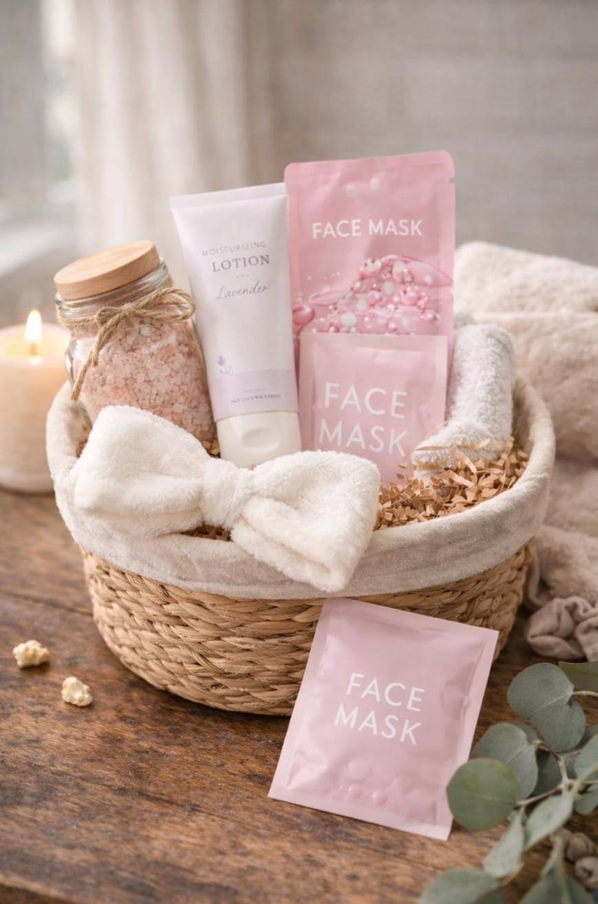 A woven basket filled with a jar of pink bath salts, a tube of lavender lotion, several pink face mask packets, a rolled towel, and a soft white headband, placed on a wooden table near a lit candle.
