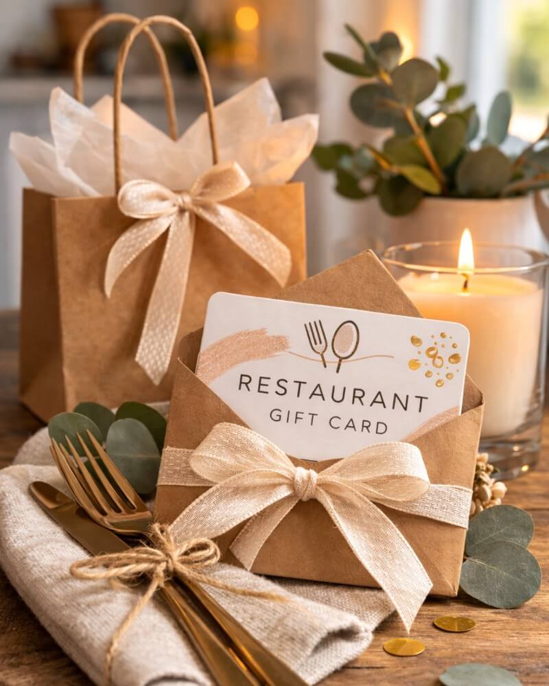 A restaurant gift card in a brown envelope with a cream ribbon is displayed on a table with gold cutlery, a small gift bag, eucalyptus leaves, and a lit candle in the background.