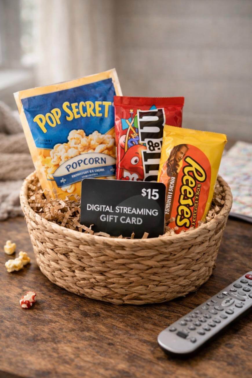 A woven basket containing Pop Secret popcorn, peanut M&Ms, Reeses peanut butter cups, a $15 digital streaming gift card, and shredded paper filler sits on a wooden table near a TV remote.