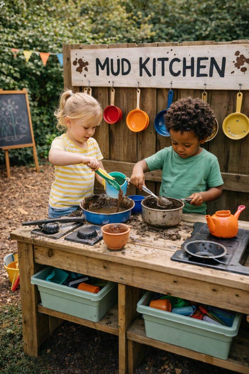 Two young children play at an outdoor mud kitchen, stirring and scooping mud in pots and pans on a wooden table, with colorful utensils hanging in the background and a chalkboard visible behind them.