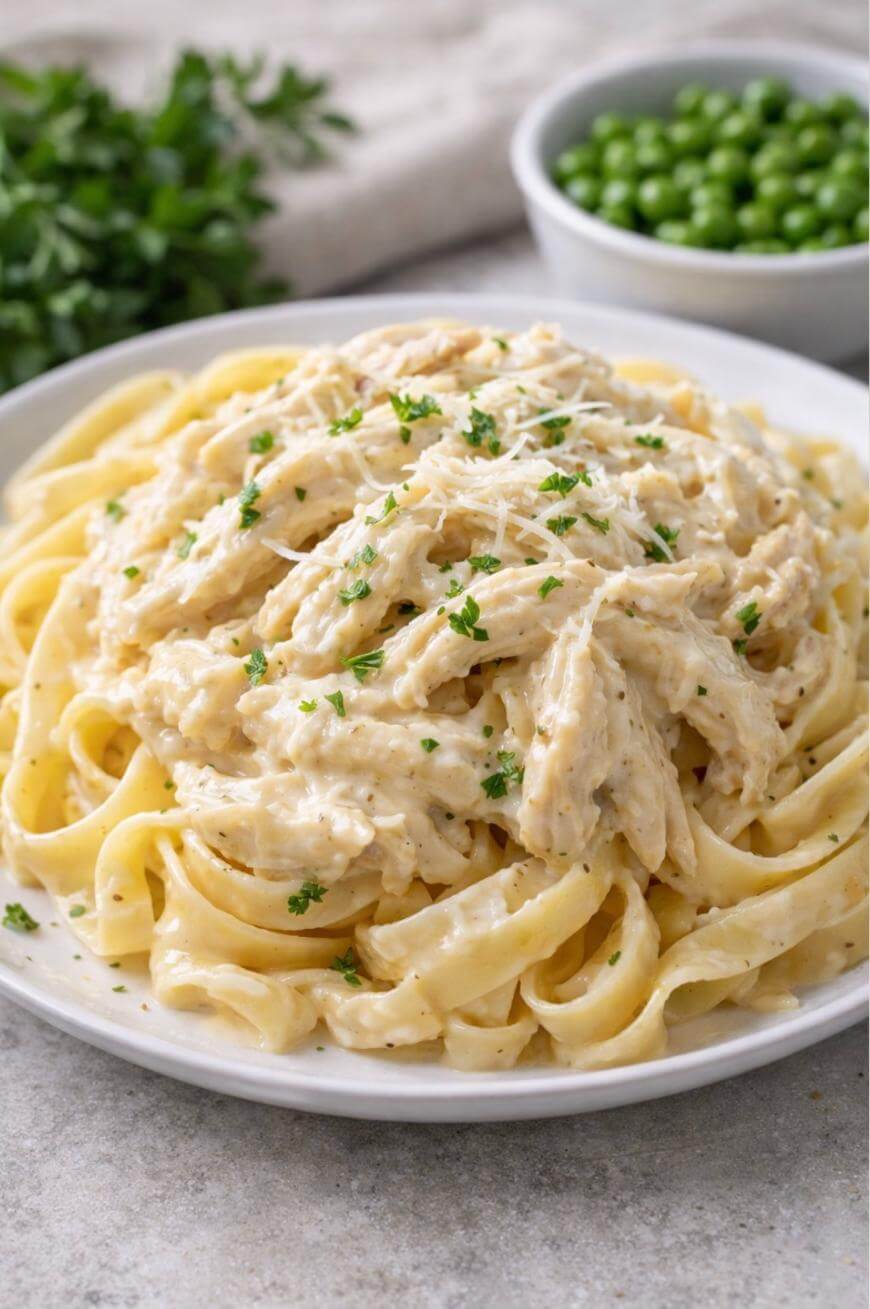 A plate of fettuccine pasta topped with creamy Alfredo sauce, shredded chicken, and garnished with chopped parsley, with a bowl of green peas in the background.