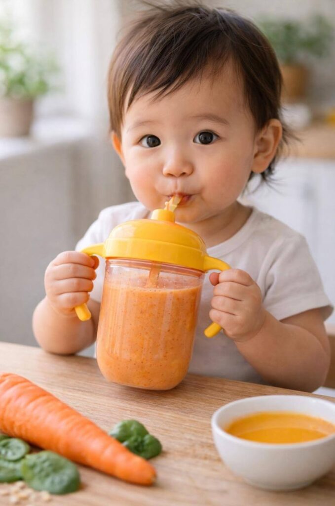 A toddler with dark hair drinks an orange-colored smoothie from a yellow sippy cup, sitting at a table with a carrot, spinach leaves, and a bowl of orange puree in front of them.