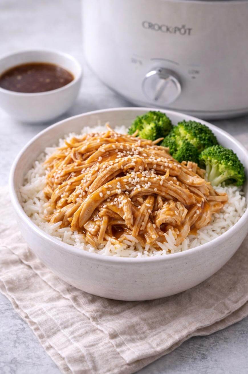 A bowl of white rice topped with shredded chicken in a brown sauce, sprinkled with sesame seeds, and served with steamed broccoli. A small bowl of extra sauce and a Crock-Pot are in the background.
