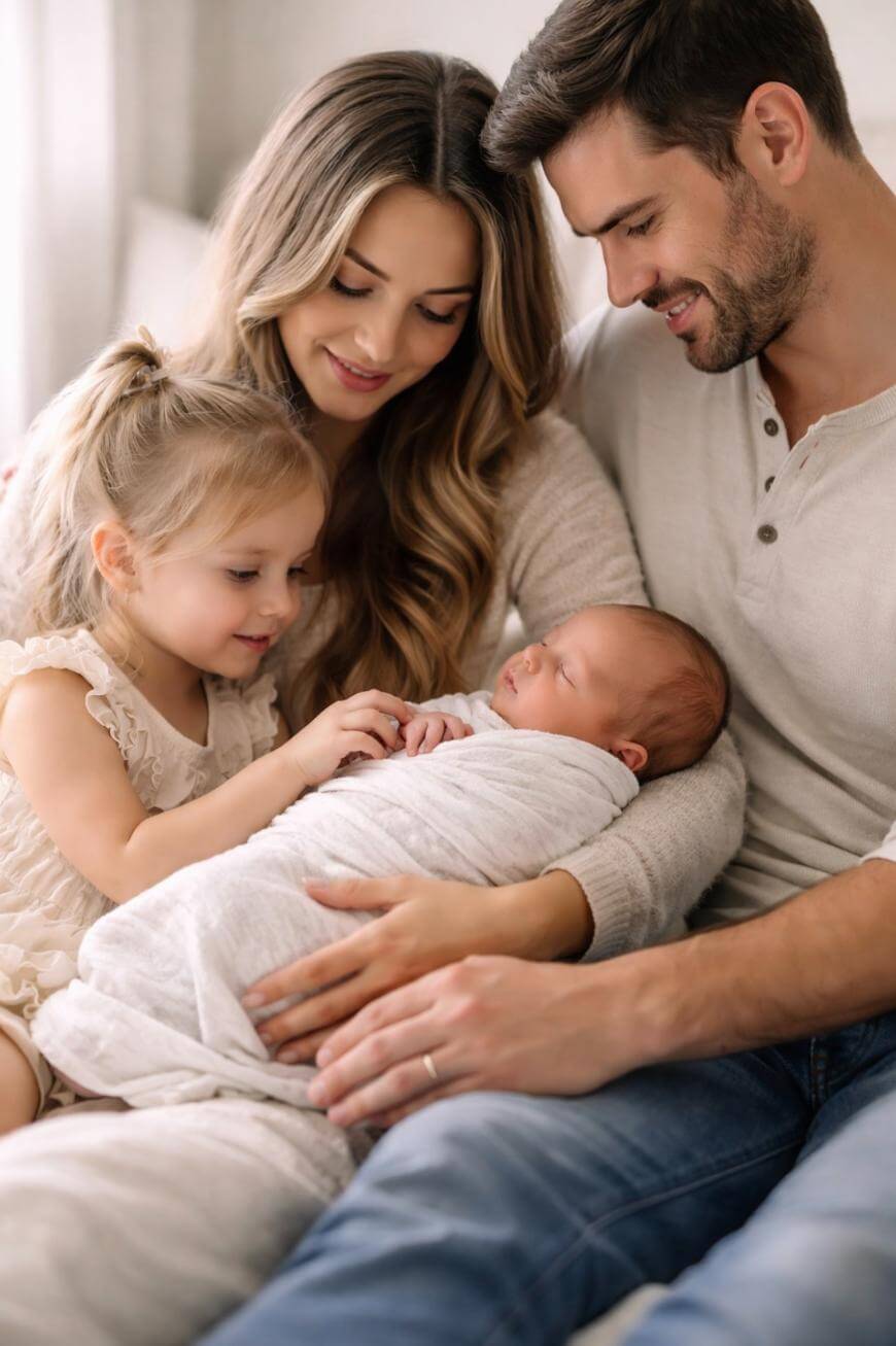 A happy family sits closely together on a couch. The mother holds a newborn wrapped in a white blanket, while a young girl gently touches the baby. The father smiles, embracing them all lovingly.