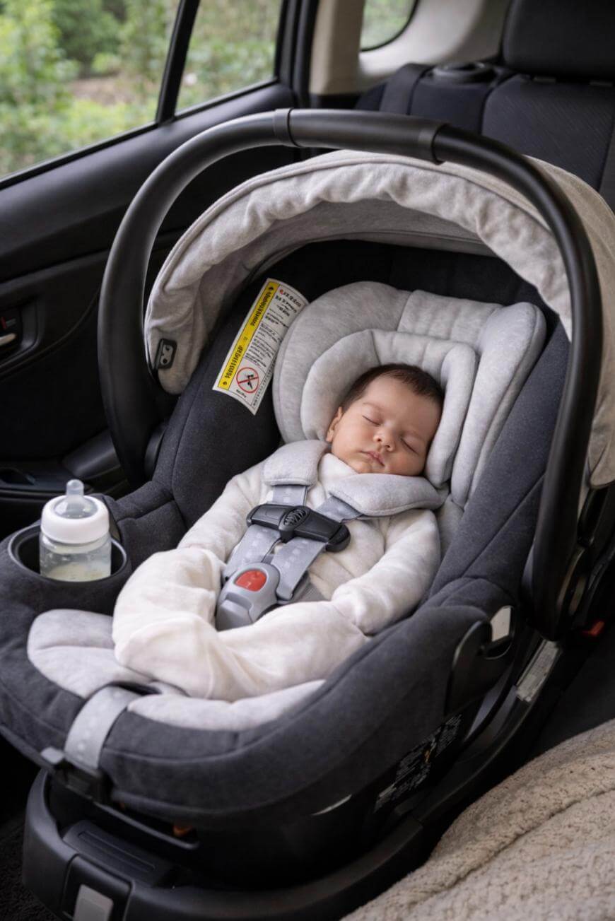 A baby is peacefully sleeping in a rear-facing car seat inside a car. The baby is dressed in a light-colored outfit, and there is a baby bottle placed in a cup holder next to the seat.