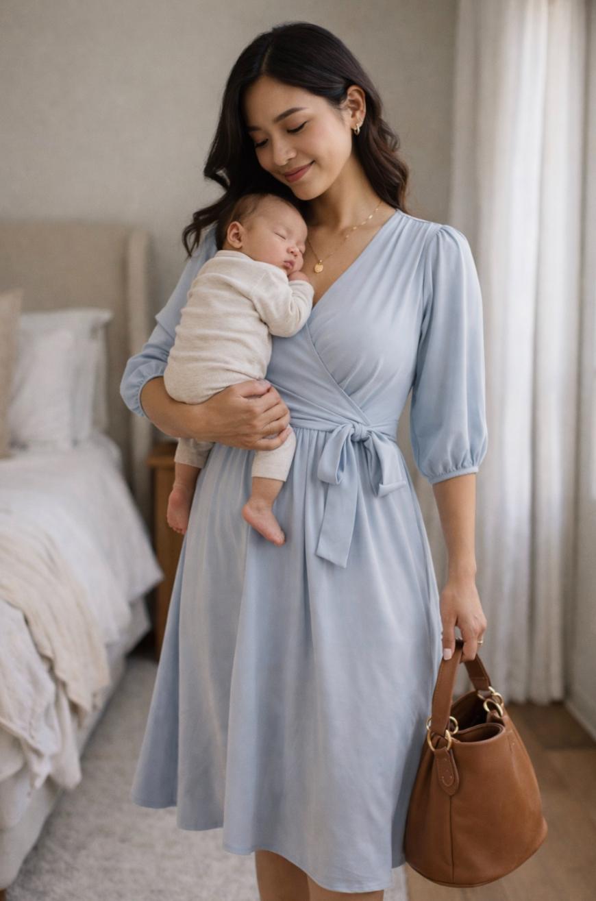 A woman in a light blue dress stands in a bedroom, gently holding a sleeping baby against her chest. She carries a brown handbag and smiles softly, with a bed and window in the background.