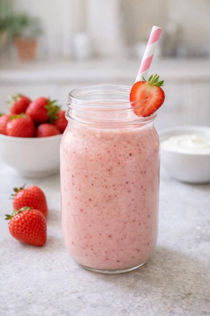 A mason jar filled with a pink strawberry smoothie, garnished with a strawberry slice and a pink striped straw. Fresh strawberries and a bowl of yogurt are in the background.