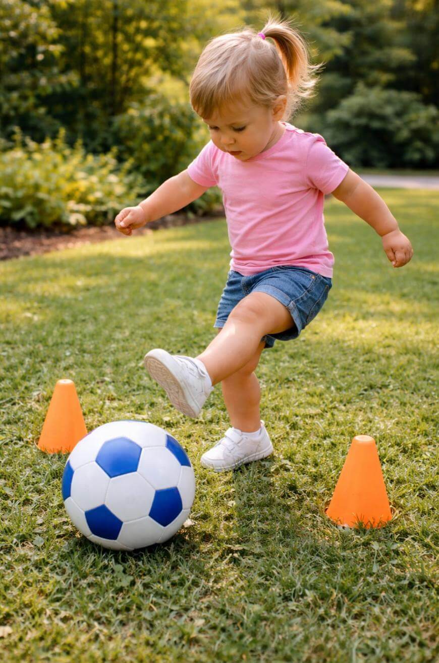 A young child in a pink shirt and denim shorts kicks a blue-and-white soccer ball between two orange cones on a grassy lawn. Trees and shrubs are in the background.