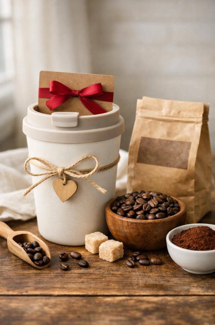 Reusable coffee cup with a heart-shaped tag, a card with a red bow, bowl of coffee beans, scoop with beans, packet of ground coffee, two sugar cubes, and ground coffee on a rustic wooden table.
