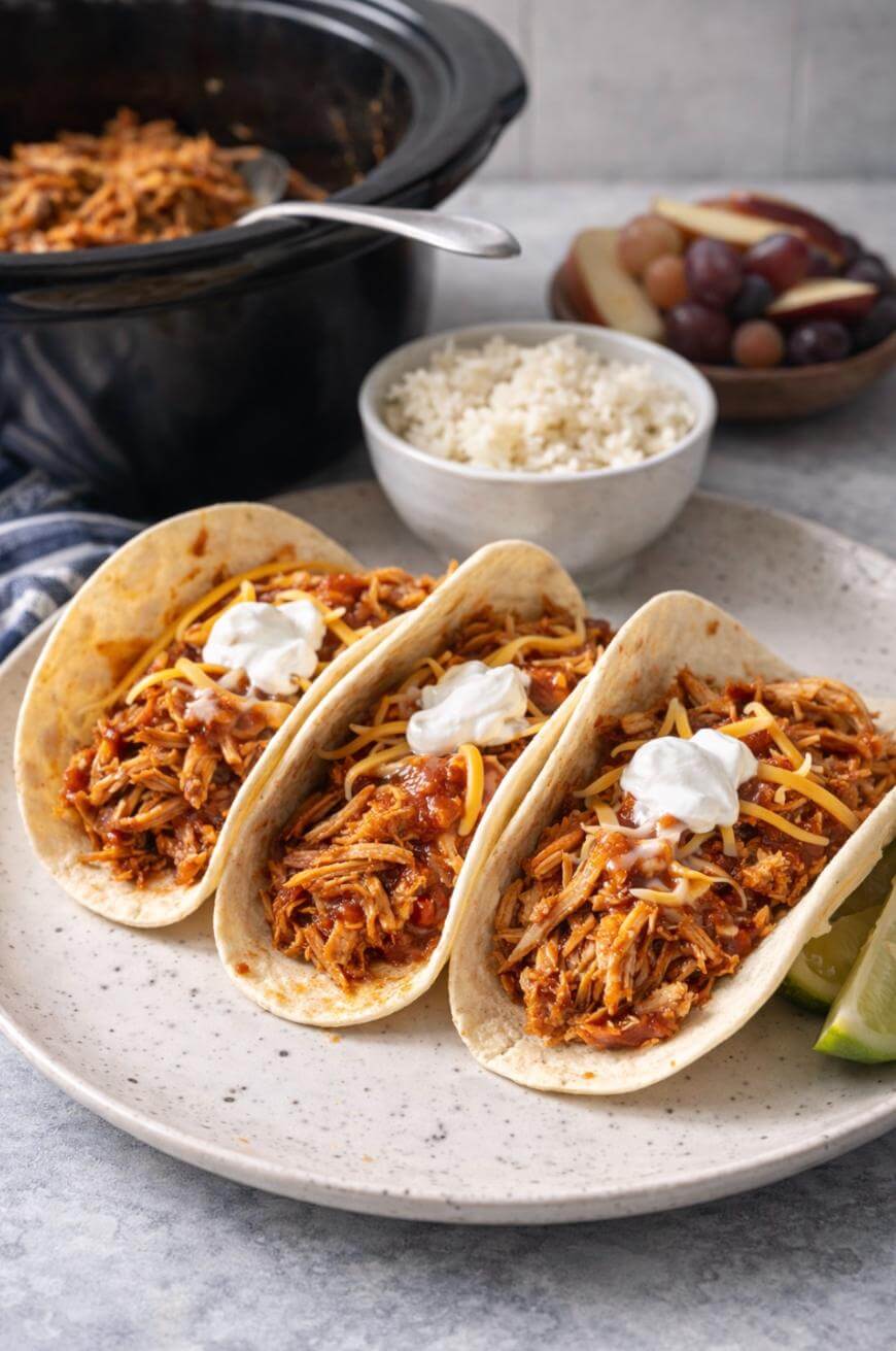Three soft tacos filled with shredded chicken, topped with shredded cheese and sour cream, are arranged on a plate with lime wedges. A bowl of rice and a slow cooker with more chicken are in the background.