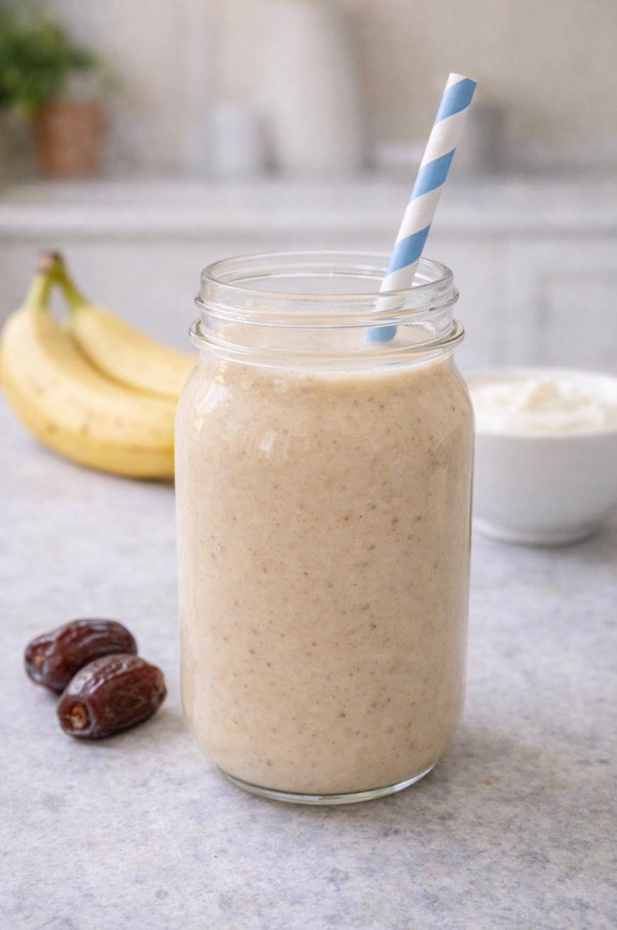 A mason jar filled with a creamy smoothie, topped with a blue-and-white striped straw. In the background are two bananas, a small bowl of yogurt, and two dates on the counter.
