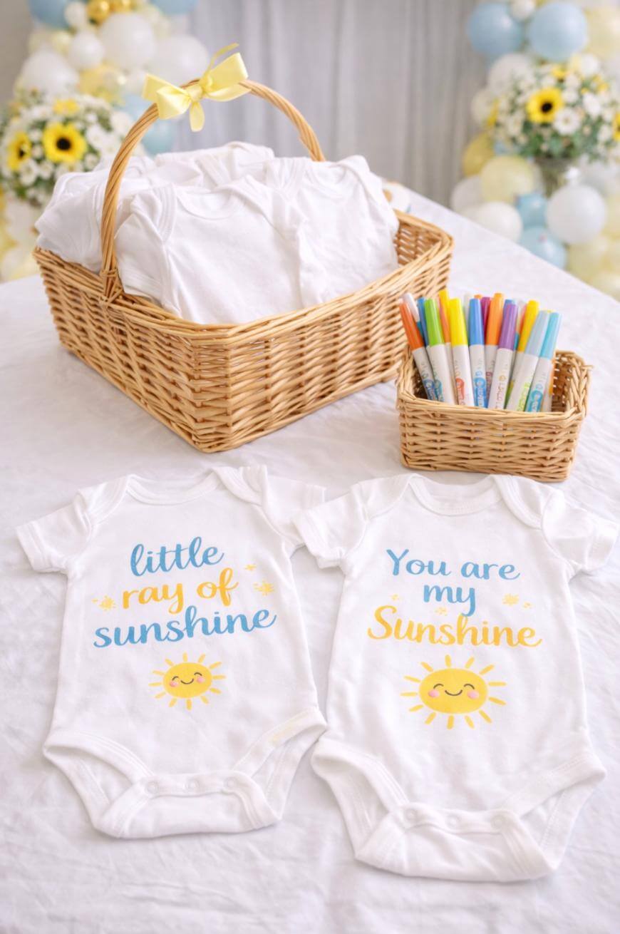 Two white baby onesies on a table; one says little ray of sunshine and the other You are my Sunshine, both with sun graphics. Nearby are colorful markers and a wicker basket with folded white onesies.