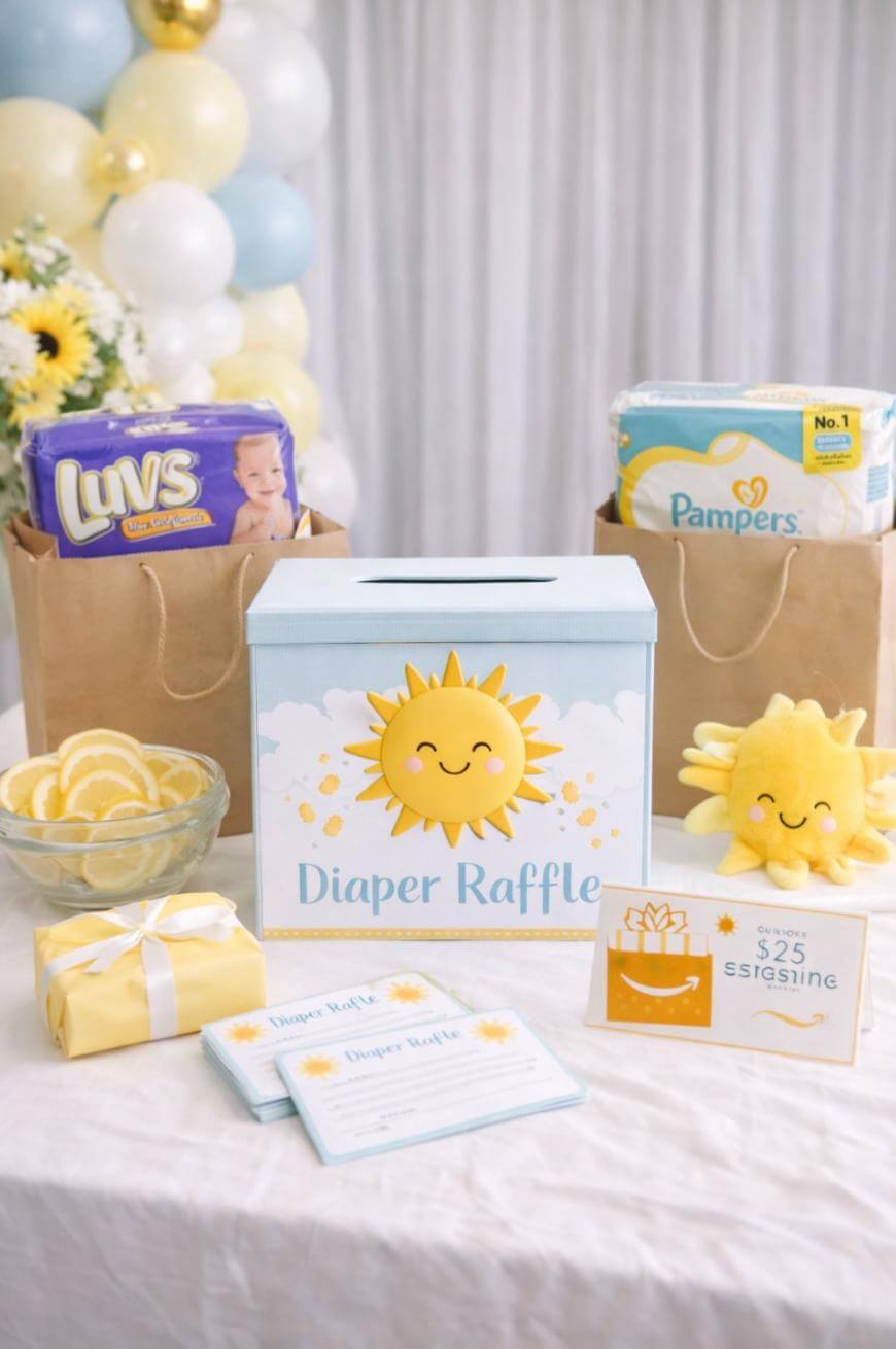 A baby shower diaper raffle table with a sunny theme, featuring a blue raffle box with a smiling sun, packs of diapers, raffle cards, a gift card, a plush sun toy, yellow-wrapped gift, lemon slices, and balloons.