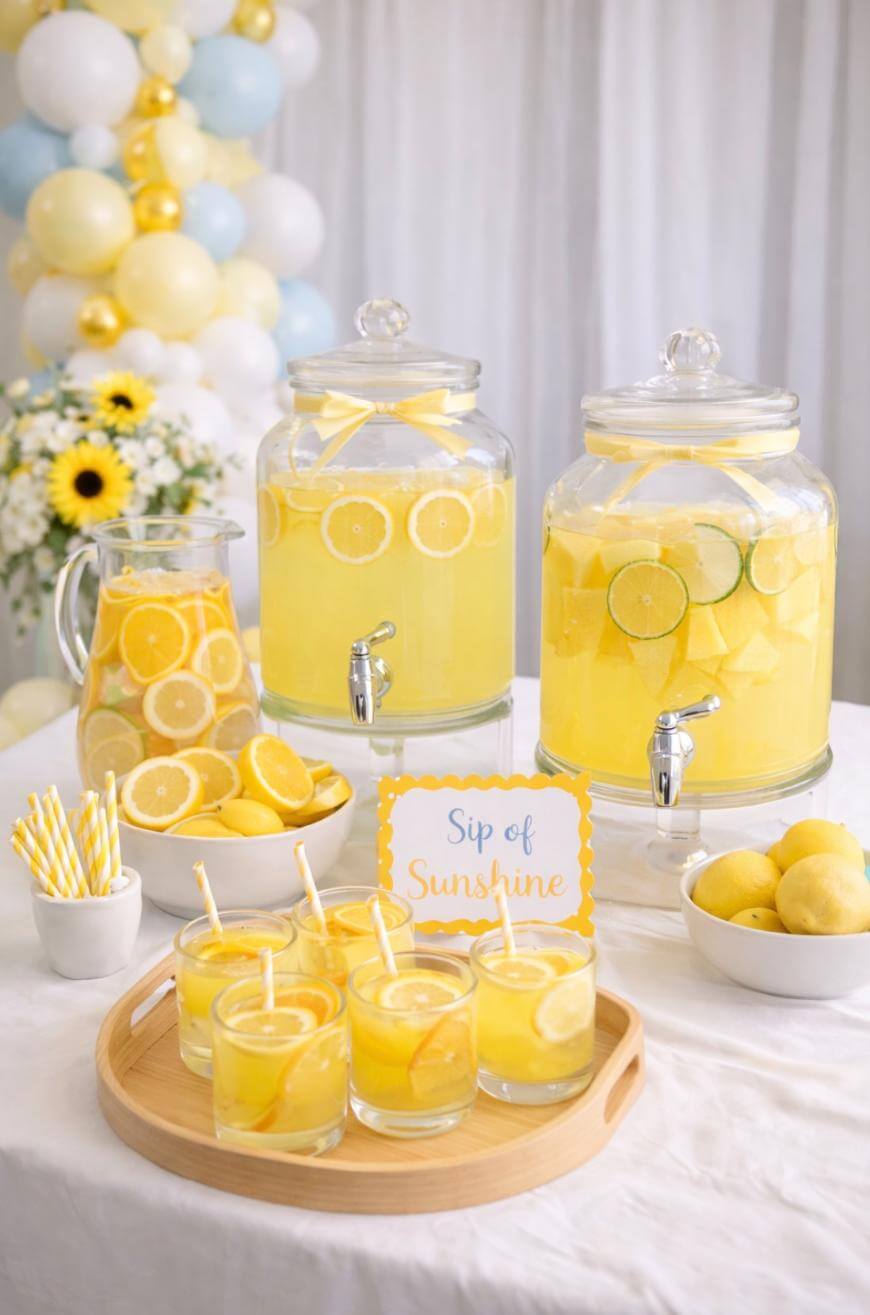 A bright lemonade stand setup with glass dispensers and cups of lemonade, garnished with lemon slices. Yellow and white decor, striped straws, lemons, and a sign reading “Sip of Sunshine” complete the cheerful display.