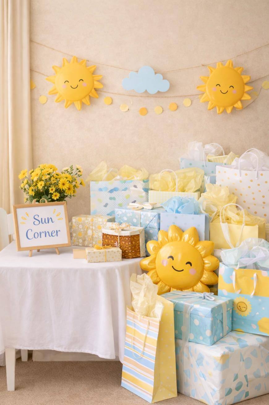A cheerful gift table decorated with sun and cloud cutouts, yellow flowers, and numerous pastel gift bags in blue, yellow, and white. A sign reads Sun Corner, with a smiling sun balloon among the presents.