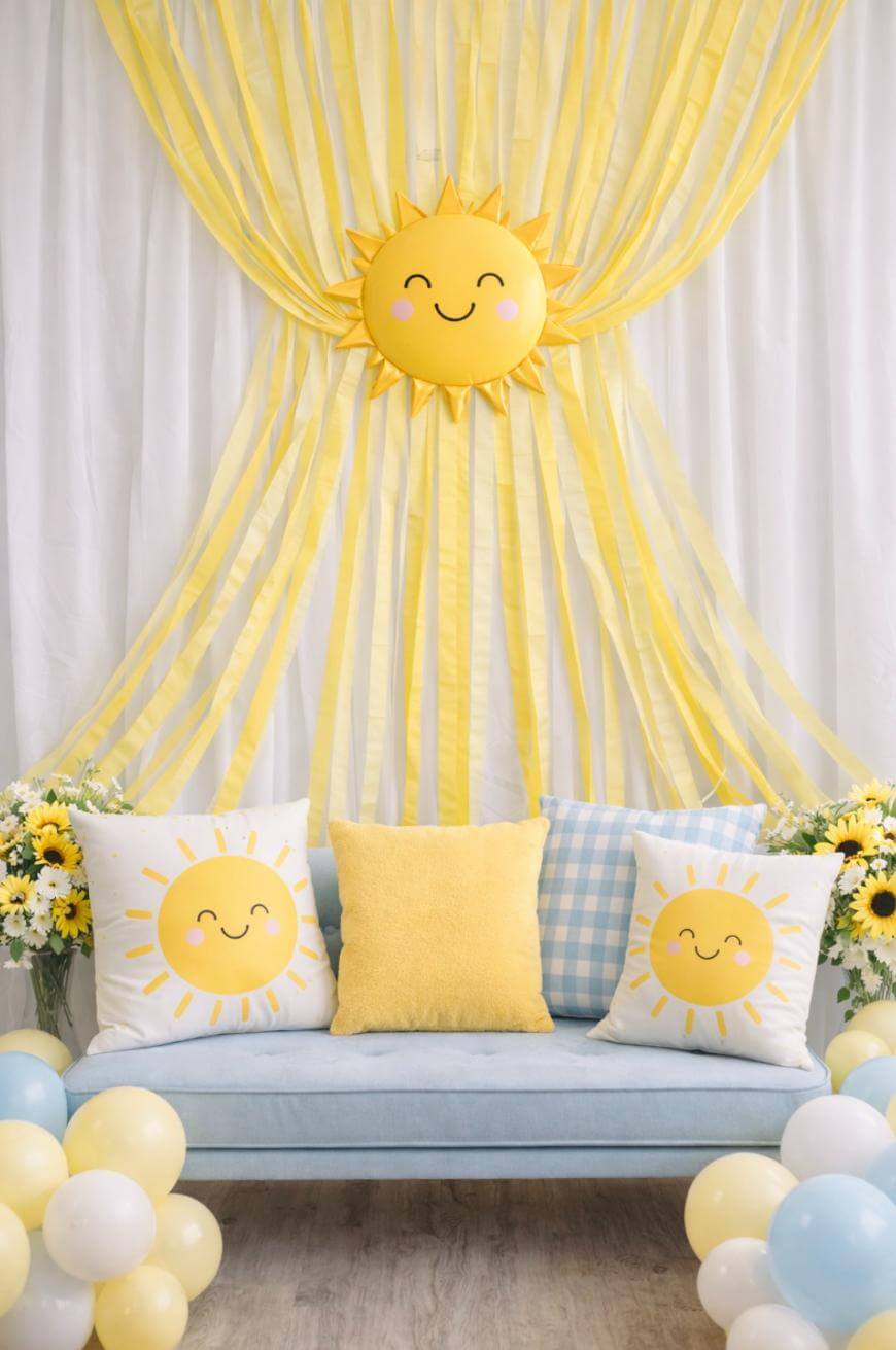 A light blue couch with three pillows, two featuring smiling sun designs, sits in front of yellow and white streamers, a large sun decoration, sunflowers, and pastel yellow and blue balloons.