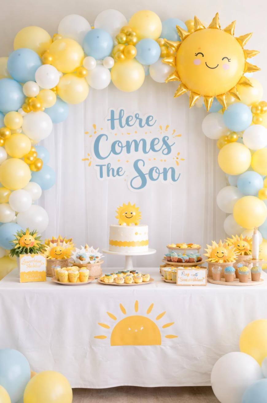 A baby shower table decorated with a sun theme, including a Here Comes the Son sign, sun-shaped balloons, a sun cake, yellow and blue balloons, cupcakes, and sun-themed decorations.