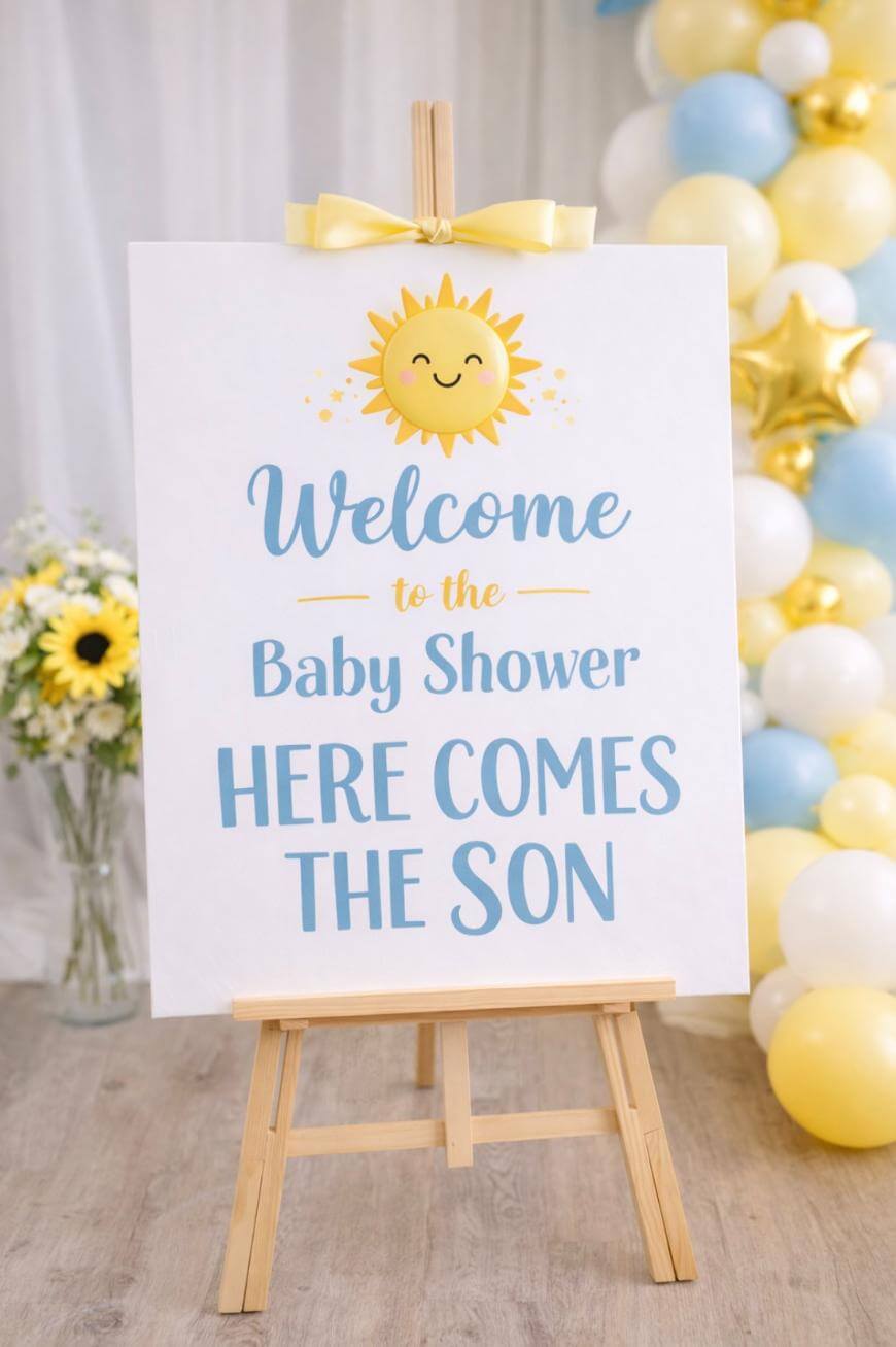 A sign on an easel reads Welcome to the Baby Shower. Here Comes the Son with a smiling sun illustration and a yellow bow on top. In the background are sunflowers and blue, yellow, and white balloons.
