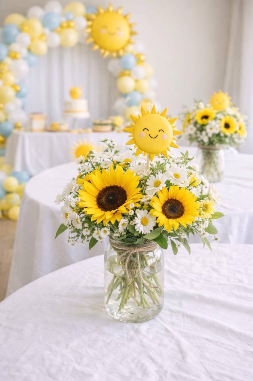 A mason jar filled with sunflowers and daisies sits on a white table, topped with a smiling sun decoration. In the background, there are more flower arrangements and a balloon arch with a sun motif.