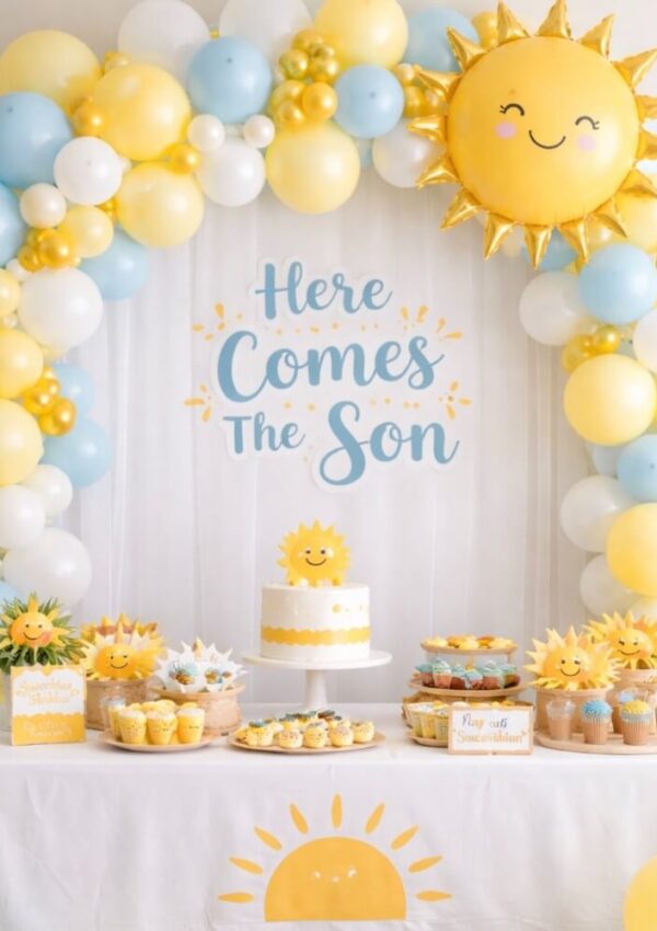 A cheerful baby shower setup with a yellow and blue balloon arch, a large smiling sun balloon, and a table decorated with sun-themed cupcakes, cake, and desserts. The backdrop reads “Here Comes The Son.”.