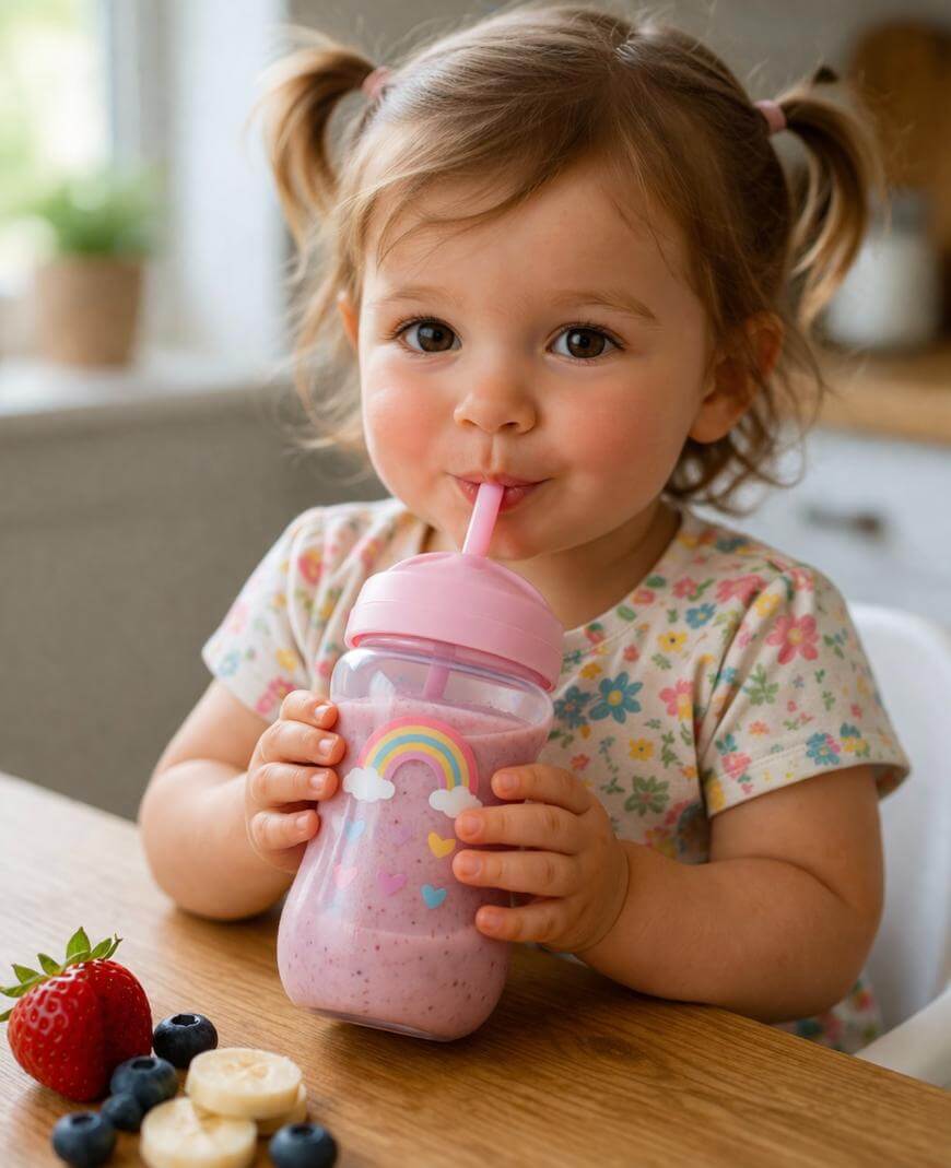 A young child with brown hair in pigtails drinks a pink smoothie from a cup with a straw and rainbow design. She is sitting at a table with sliced banana, strawberries, and blueberries nearby.