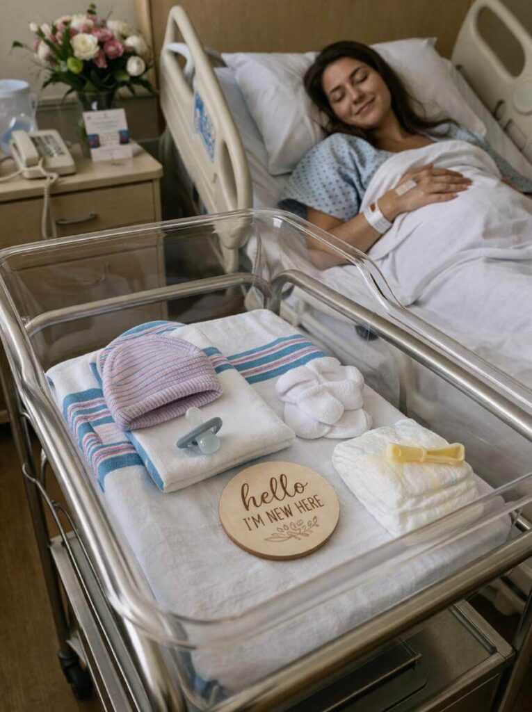 A new mother rests in a hospital bed, smiling, while an empty newborn bassinet nearby holds a hat, pacifier, socks, diaper, and a wooden sign that reads, Hello, Im new here. Flowers are on a table in the background.