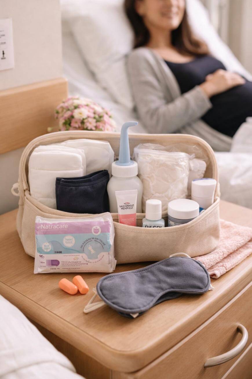 A hospital bedside table with a toiletry bag containing various personal care items, earplugs, an eye mask, and wipes. In the background, a pregnant woman lies in bed, smiling.