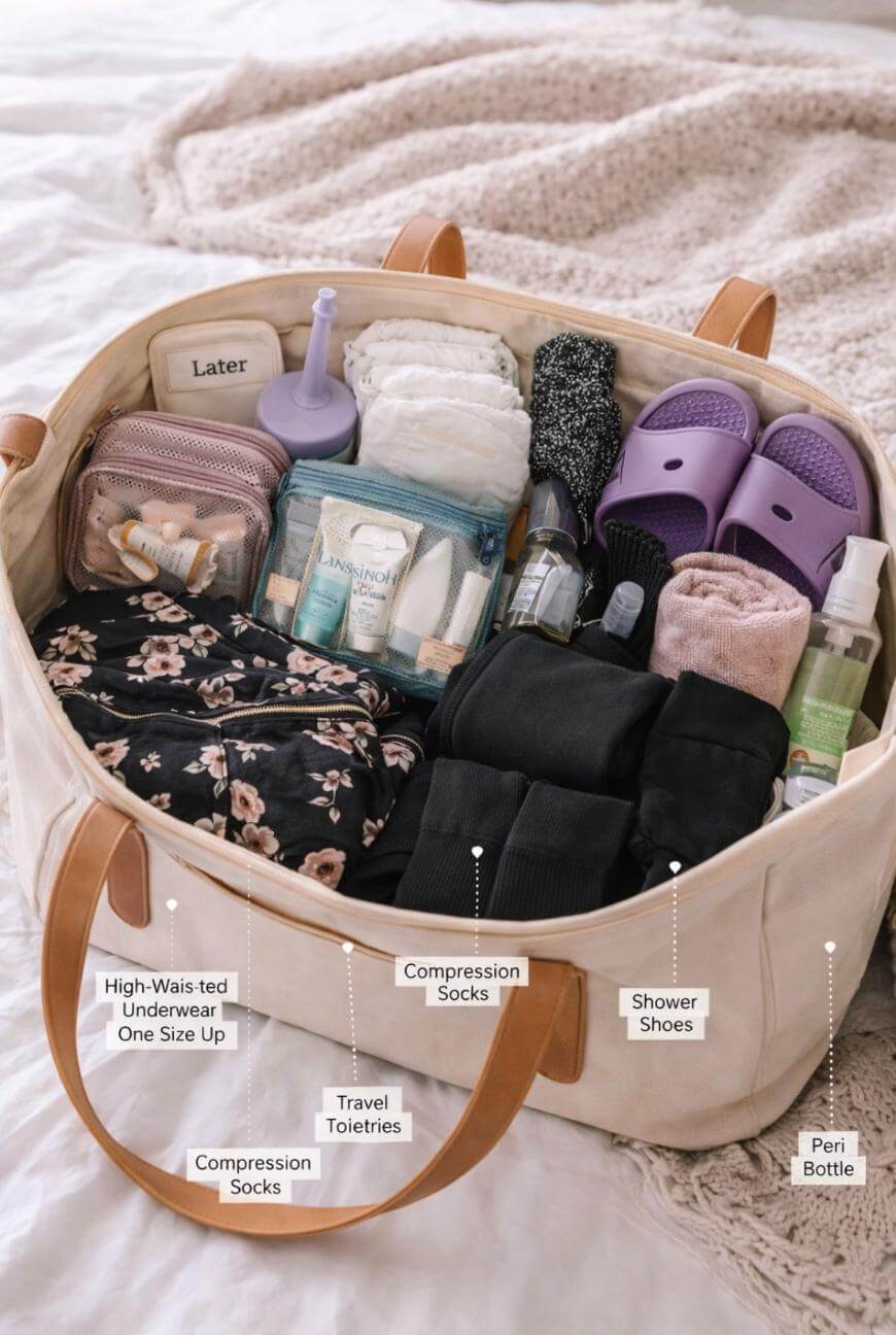A beige hospital bag is packed with labeled items including high-waisted underwear, compression socks, travel toiletries, shower shoes, peri bottle, socks, slippers, and a floral toiletry bag, placed on a bed.