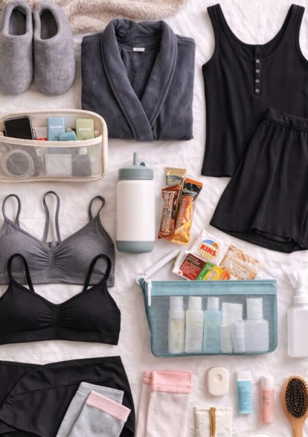 Flat lay of loungewear, slippers, bras, shorts, socks, toiletry bags with travel-size products, snacks, a water bottle, brush, and hygiene items arranged neatly on a white bedspread.