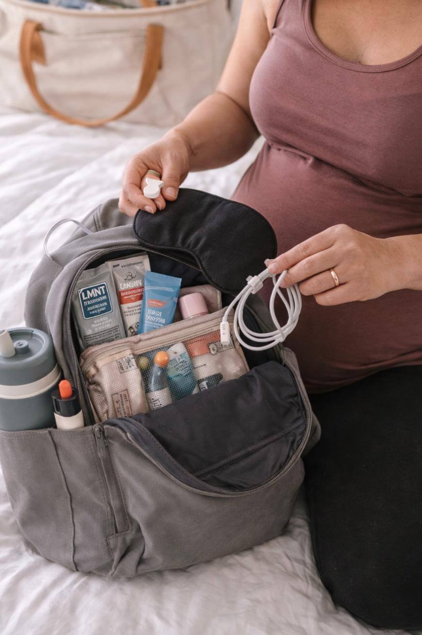 A person wearing a mauve tank top packs a gray backpack with travel essentials, including toiletries, tubes, a water bottle, charger cables, and other small items, sitting on a bed with another bag in the background.