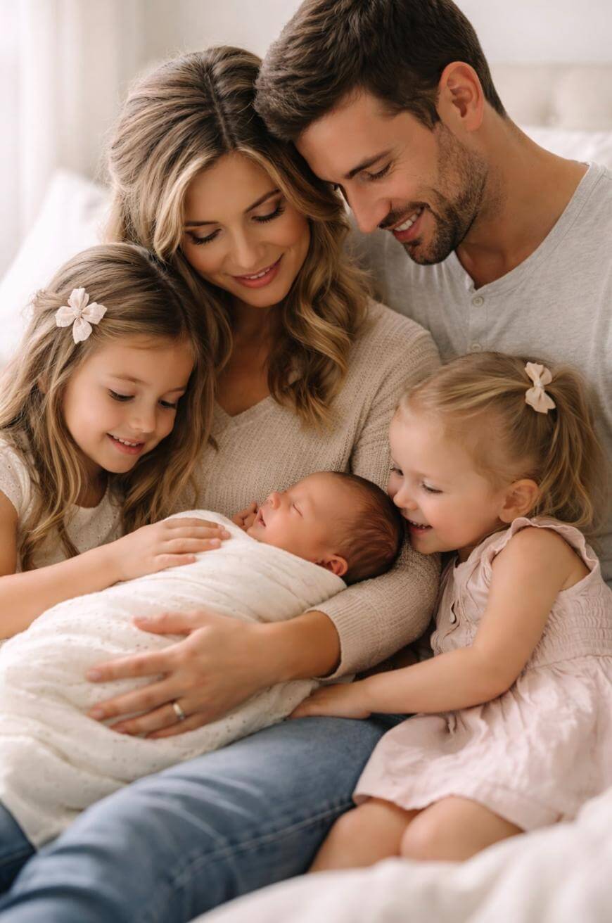 A smiling family of five sits closely together on a bed, with two young girls and their parents lovingly looking at a newborn baby wrapped in a white blanket. The scene is warm and joyful.