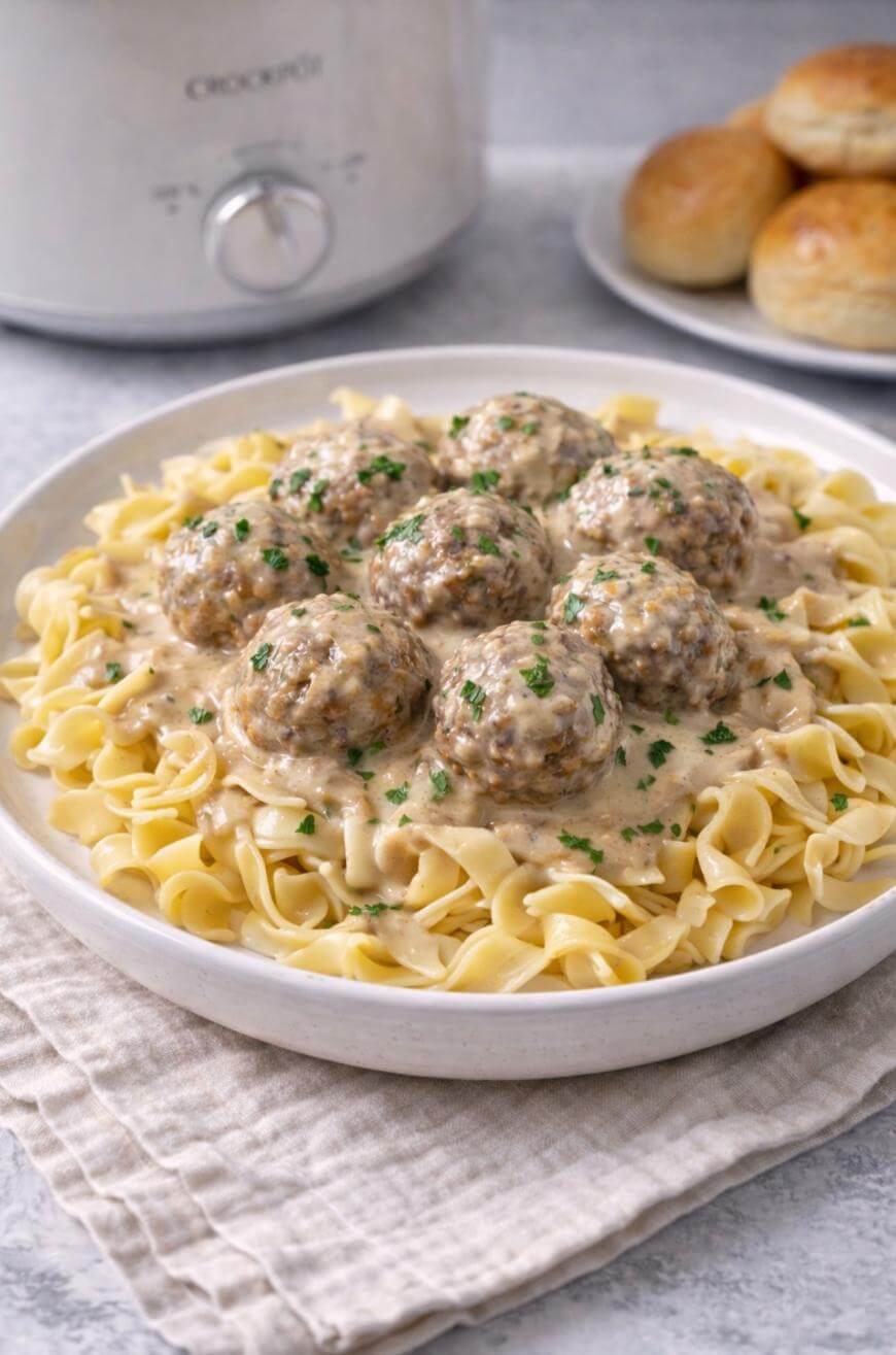 A plate of egg noodles topped with creamy meatballs and sprinkled with chopped parsley, set on a cloth napkin. In the background, a slow cooker and a plate of bread rolls are visible.