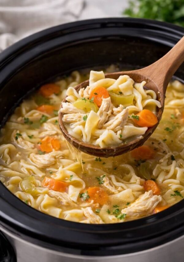 A wooden ladle lifts a serving of chicken noodle soup with egg noodles, shredded chicken, carrots, and herbs from a black slow cooker.