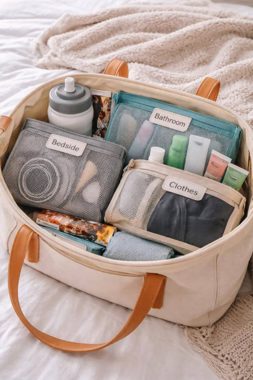 A neatly packed beige bag with labeled mesh pouches for bedside items, bathroom toiletries, and clothes, along with a water bottle, lying on a bed with a knitted blanket.