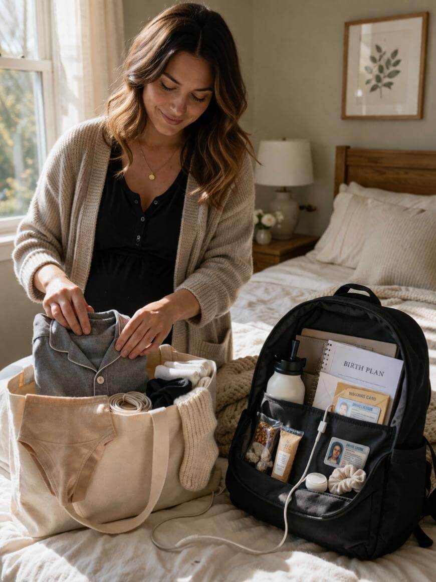 A pregnant woman packs a hospital bag with clothes, while a neatly organized backpack nearby holds a birth plan, snacks, toiletries, and baby essentials. She stands beside a bed in a softly lit bedroom.