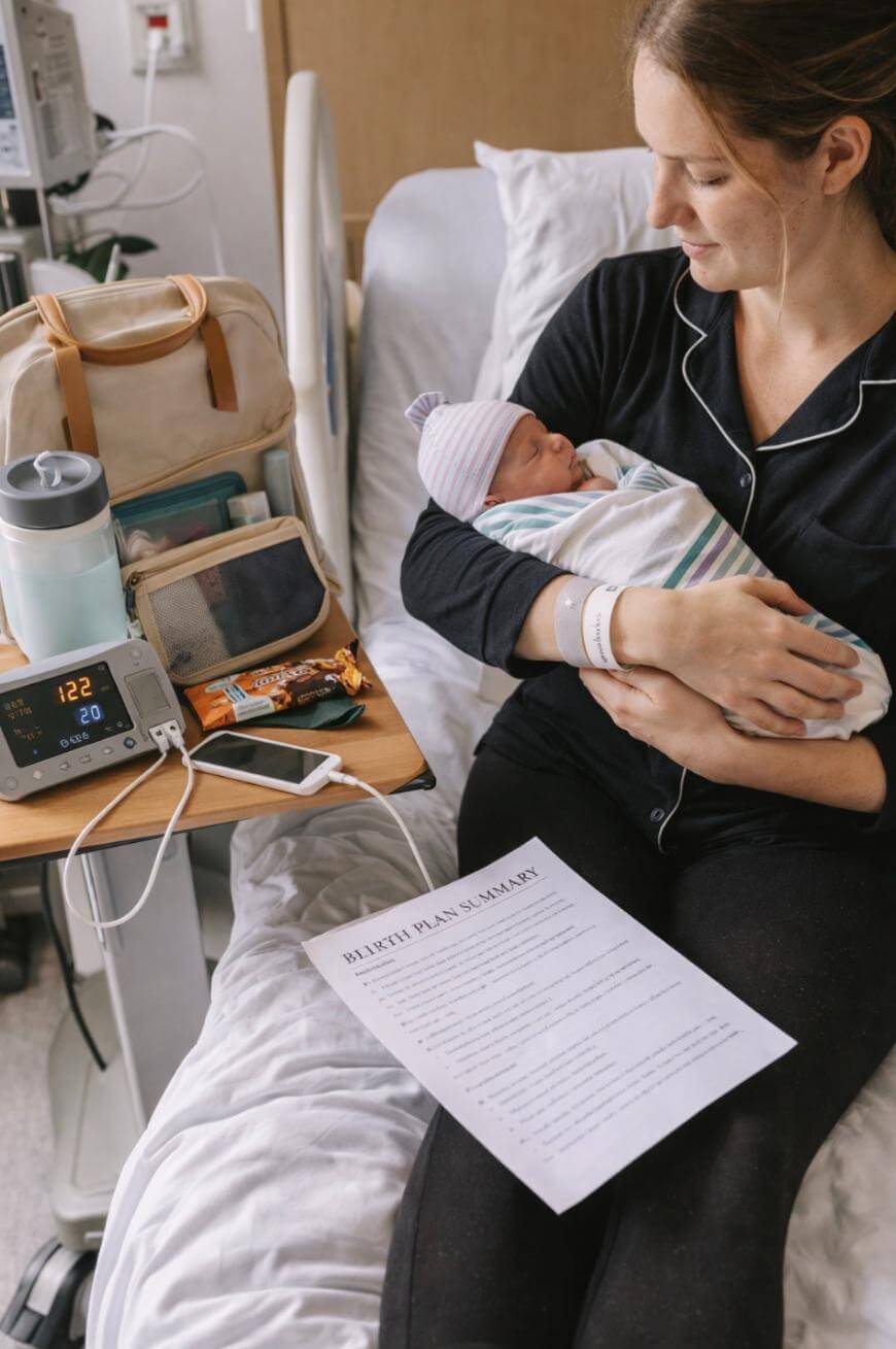 A woman in pajamas sits on a hospital bed holding a swaddled newborn. A Birth Plan & Balance document is on her lap, and a side table holds medical equipment, snacks, and a bag.