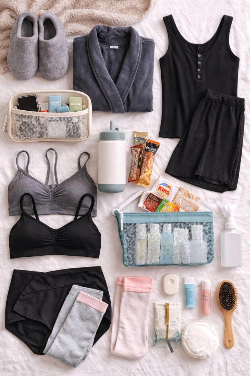 A neatly arranged flat lay of hospital bag essentials on a white surface, including clothing, slippers, a water bottle, snacks, toiletries, a hairbrush, socks, and personal care items in various pouches.