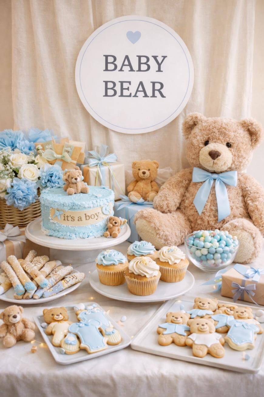 A baby shower dessert table decorated in blue and beige features teddy bears, cupcakes, cookies, candies, a cake with its a boy, and a sign that reads BABY BEAR. Blue and white flowers are displayed in a basket.