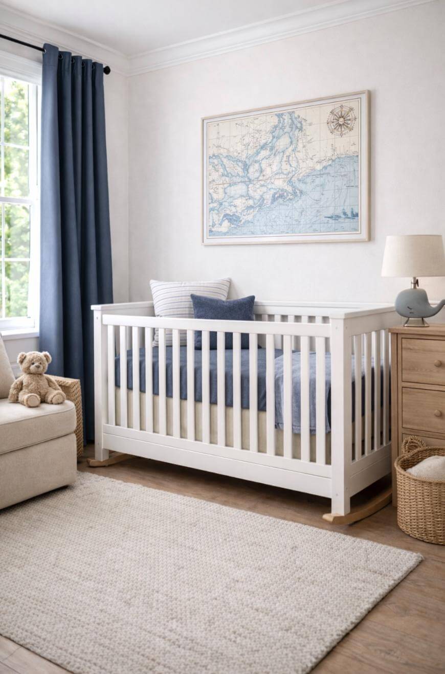 A nursery with a white crib, blue bedding, and pillows, near a window with navy curtains. A dresser with a lamp and baskets is beside the crib. A teddy bear sits on a chair, and a map artwork hangs on the wall.