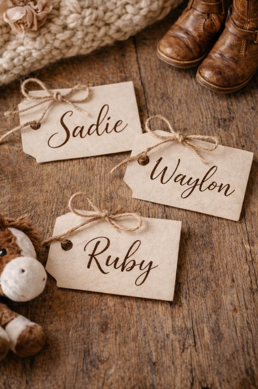 Three brown paper tags with the handwritten names Sadie, Waylon, and Ruby, each tied with twine bows, are laid on a wooden surface near a plush toy, knit blanket, and brown boots.