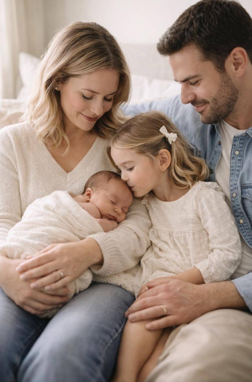 A mother holds a sleeping newborn wrapped in a blanket, while a young girl kisses the baby’s head. A man sits beside them, smiling. The family is close together, sharing a warm, tender moment.