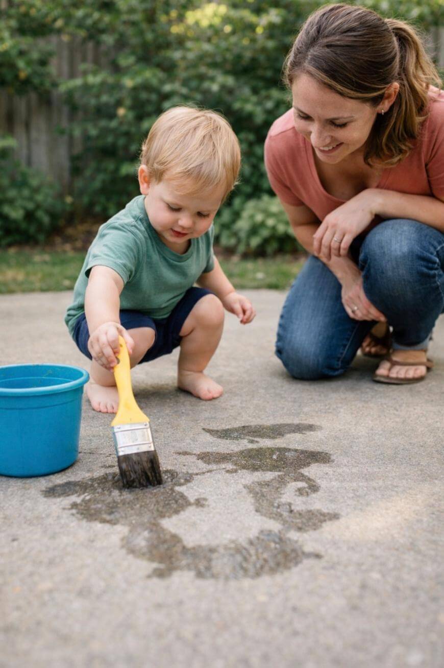 A young child uses a large paintbrush to paint with water on concrete while an adult woman, likely his mother, kneels beside him and smiles. A blue bucket is nearby, and they are outside on a sunny day.