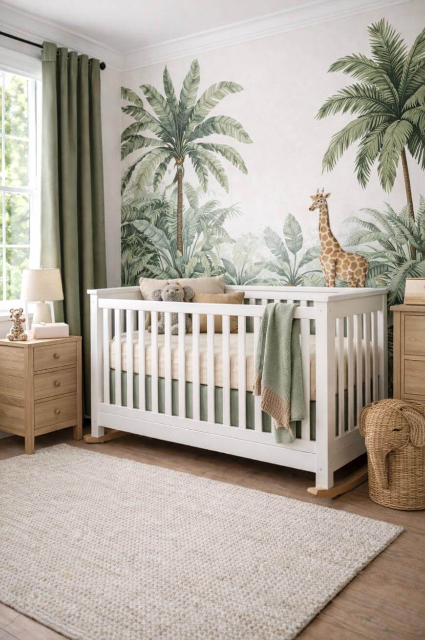 A nursery with a white crib, green bedding, a giraffe toy, light wood furniture, green curtains, and a wall mural of tropical palm trees. A woven rug covers the wooden floor. Sunlight streams in through a window.