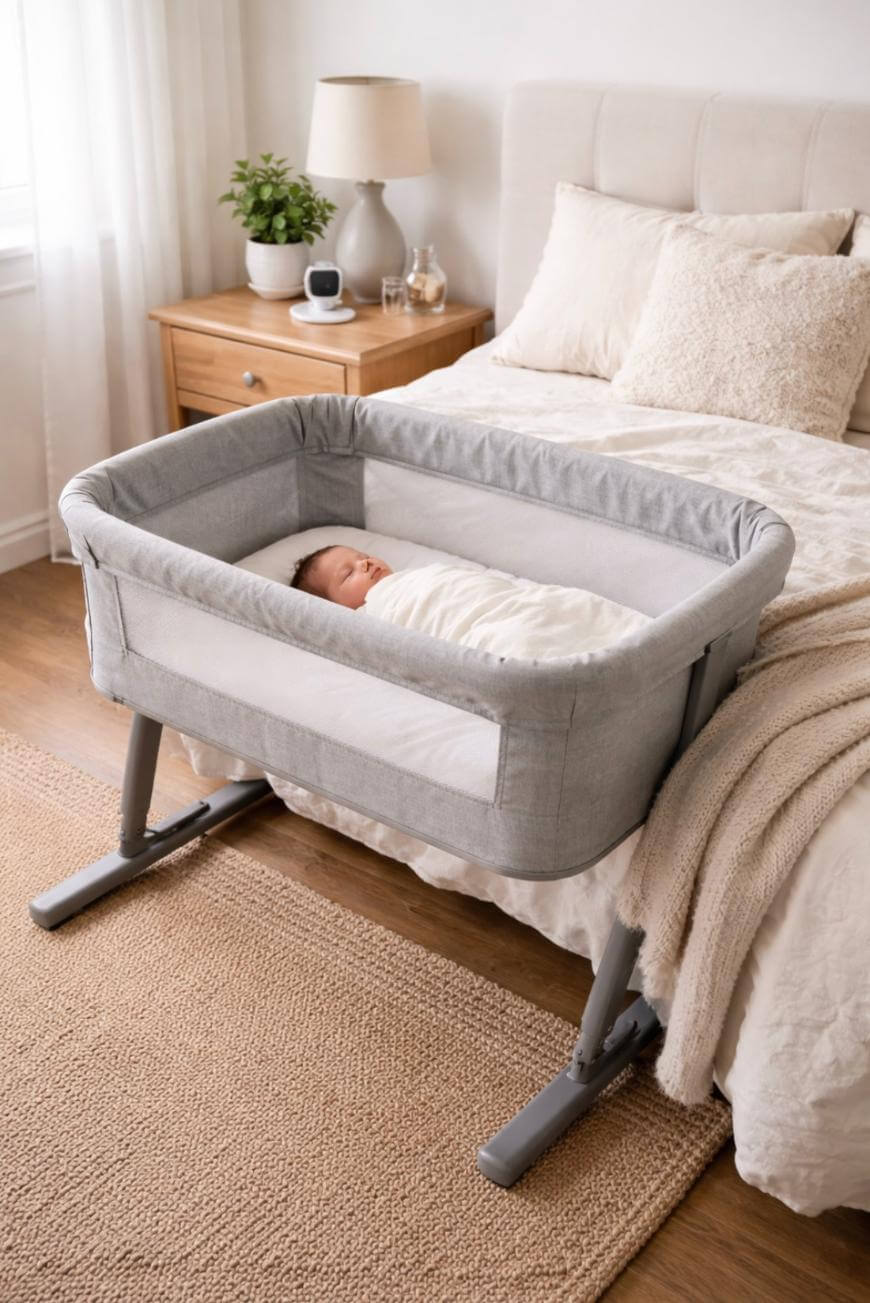 A baby sleeps in a gray bassinet next to a neatly made bed in a cozy bedroom. The nightstand holds a lamp, clock, and baby monitor. Soft natural light comes through a nearby window.