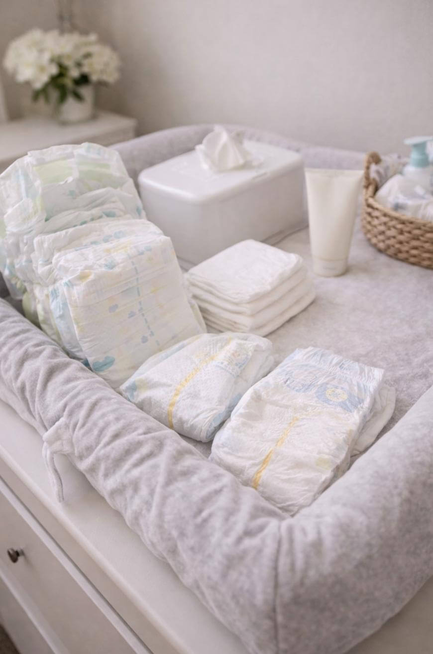 A soft, gray changing pad atop a white dresser holds stacks of diapers, wipes, folded cloths, a tube of cream, and a basket with baby essentials. A tissue box and flowers are in the background.