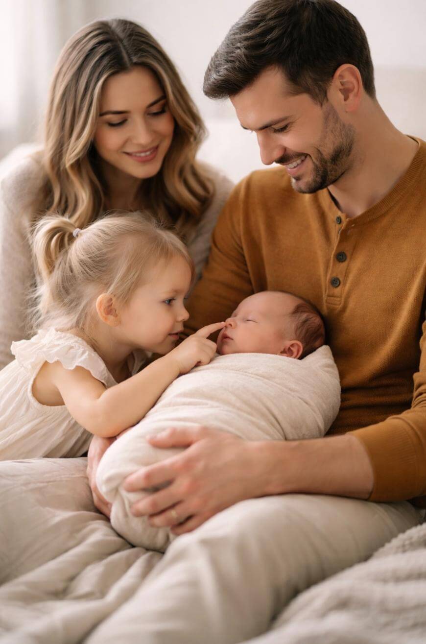 A smiling family sits together on a bed. The mother and father gaze lovingly at their newborn, who is swaddled in a blanket, while their young daughter gently touches the babys nose.