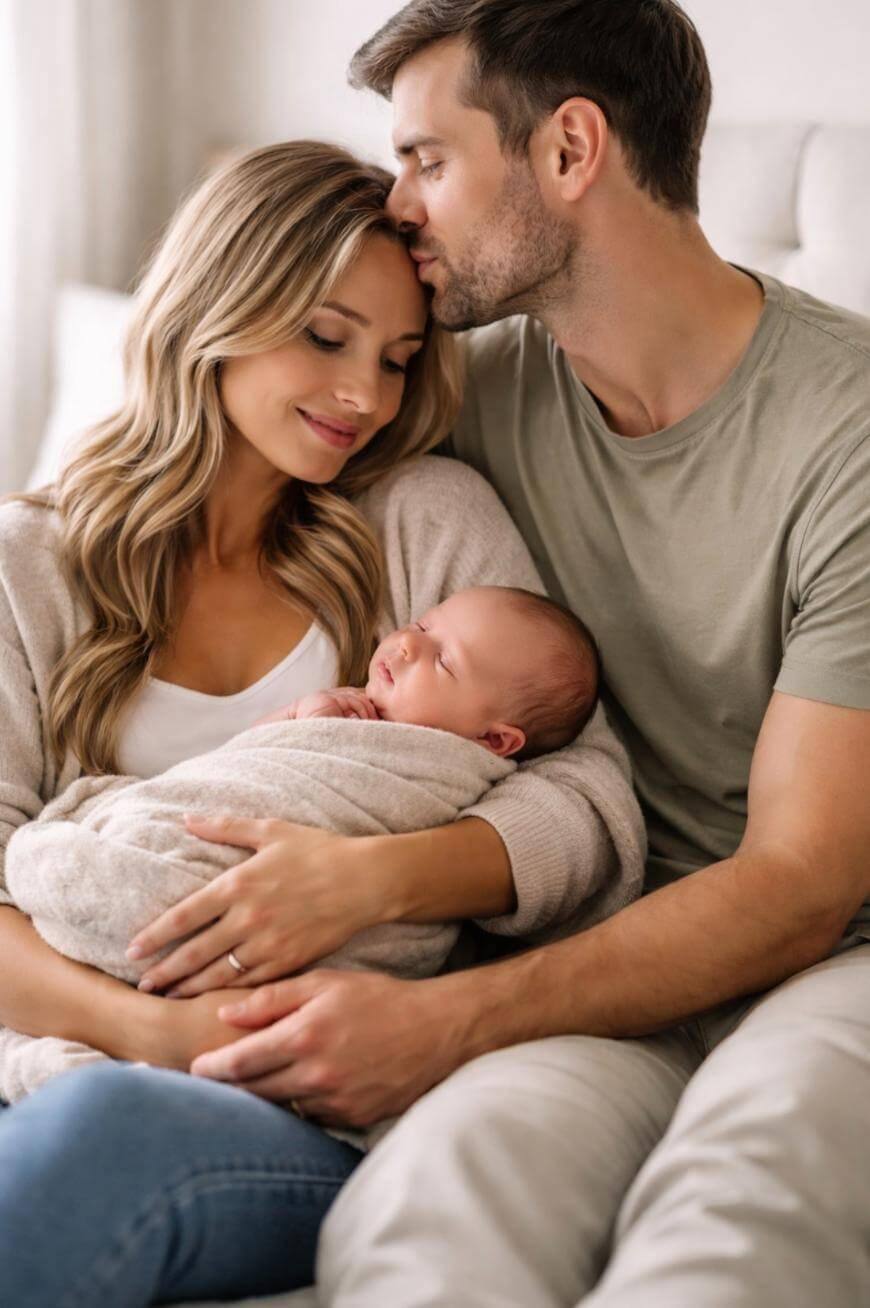 A couple sits close together on a sofa, smiling gently while holding a sleeping newborn wrapped in a soft blanket. The man kisses the womans forehead, and both look content and peaceful.