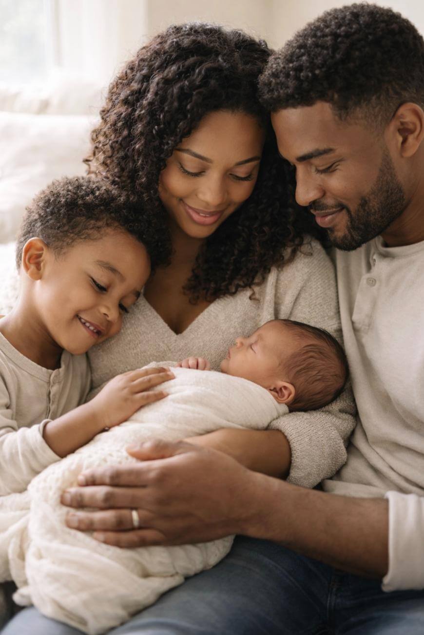 A smiling family of four sits closely together. The mother holds a sleeping newborn wrapped in a blanket, while the father and an older child lovingly embrace them. Everyone looks peaceful and happy.
